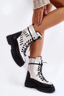 Damskie Sznurowane Botki Śniegowce Vinceza 23-34586 Biało-Czarne