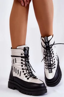 Damskie Sznurowane Botki Śniegowce Vinceza 23-34586 Biało-Czarne