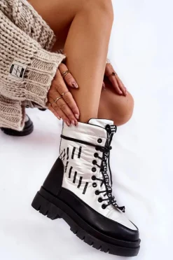 Damskie Sznurowane Botki Śniegowce Vinceza 23-34586 Biało-Czarne