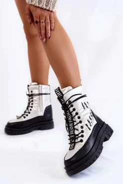 Damskie Sznurowane Botki Śniegowce Vinceza 23-34586 Biało-Czarne