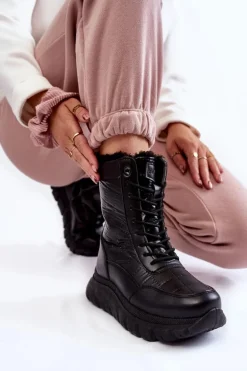 Damskie Sznurowane Botki Śniegowce Na Platformie Czarne Anubi