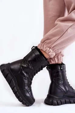 Damskie Sznurowane Botki Śniegowce Na Platformie Czarne Anubi