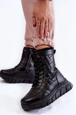 Damskie Sznurowane Botki Śniegowce Na Platformie Czarne Anubi