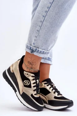 Damskie Sznurowane Buty Sportowe Na Koturnie Czarno-Złote Genova