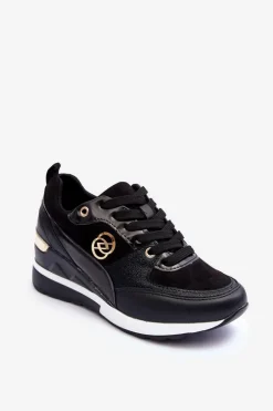 Damskie Sznurowane Buty Sportowe Na Koturnie Czarne Genova