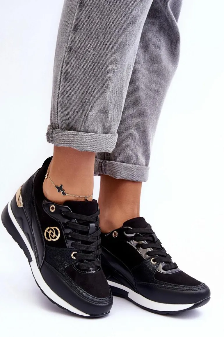 Damskie Sznurowane Buty Sportowe Na Koturnie Czarne Genova