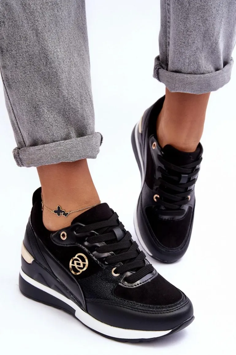 Damskie Sznurowane Buty Sportowe Na Koturnie Czarne Genova