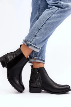 Damskie Sztyblety Botki Na Płaskim Obcasie Z Cekinami Czarne Messio