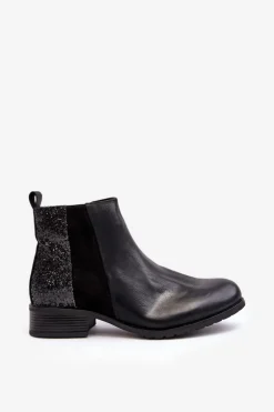 Damskie Sztyblety Botki Na Płaskim Obcasie Z Cekinami Czarne Messio