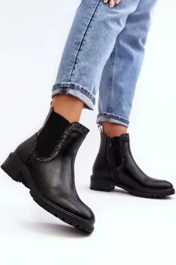 Damskie Sztyblety Z Niską Cholewką Na Płaskim Obcasie Czarne Kassona