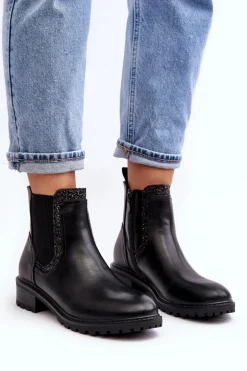 Damskie Sztyblety Z Niską Cholewką Na Płaskim Obcasie Czarne Kassona