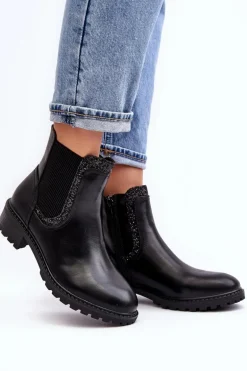 Damskie Sztyblety Z Niską Cholewką Na Płaskim Obcasie Czarne Kassona