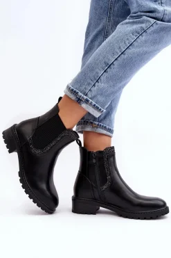 Damskie Sztyblety Z Niską Cholewką Na Płaskim Obcasie Czarne Kassona