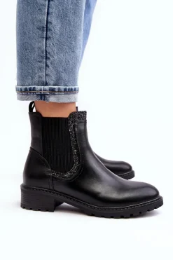 Damskie Sztyblety Z Niską Cholewką Na Płaskim Obcasie Czarne Kassona