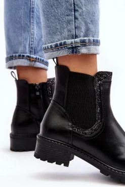 Damskie Sztyblety Z Niską Cholewką Na Płaskim Obcasie Czarne Kassona