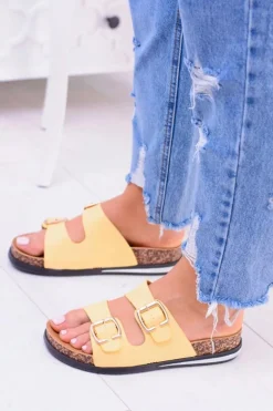 Damskie Żółte Klapki Z Klamrami Na Korku Ferone