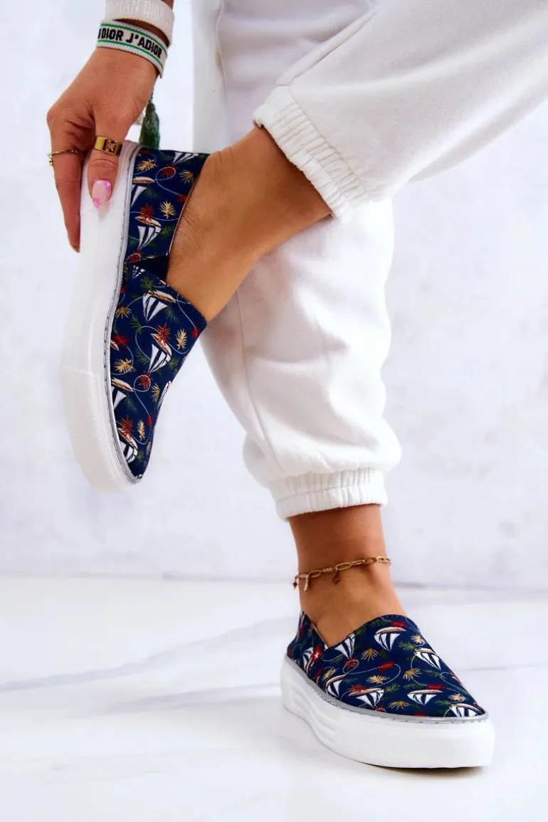 Damskie Tenisówki Slip On Memory Foam Big Star JJ276016 Granatowe