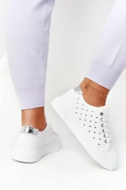 Damskie Tenisówki Z Pikowaniem Biało-Srebrne Fondness