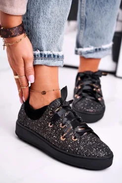 Damskie Trampki Eleganckie Skórzane Laura Messi Czarne 2045