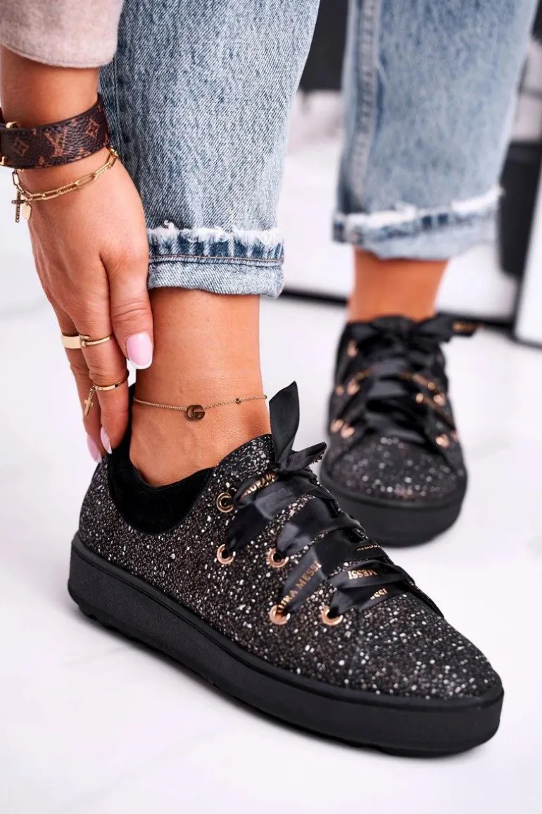 Damskie Trampki Eleganckie Skórzane Laura Messi Czarne 2045