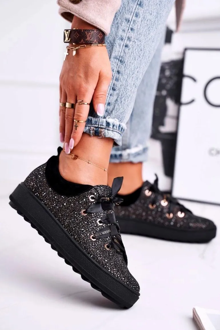 Damskie Trampki Eleganckie Skórzane Laura Messi Czarne 2045