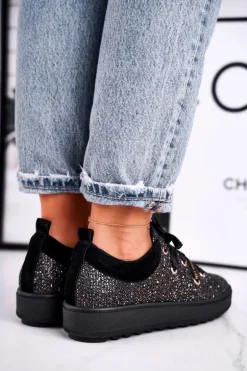 Damskie Trampki Eleganckie Skórzane Laura Messi Czarne 2045