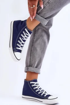 Damskie Trampki Klasyczne Wysokie Granatowe Remos