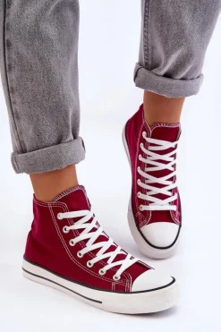 Damskie Trampki Klasyczne Wysokie Bordowe Remos