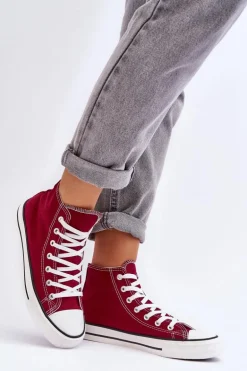 Damskie Trampki Klasyczne Wysokie Bordowe Remos
