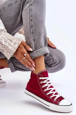 Damskie Trampki Klasyczne Wysokie Bordowe Remos