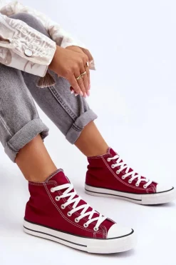 Damskie Trampki Klasyczne Wysokie Bordowe Remos