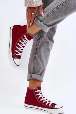 Damskie Trampki Klasyczne Wysokie Bordowe Remos