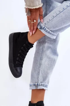 Damskie Trampki Klasyczne Wysokie Czarne Remos