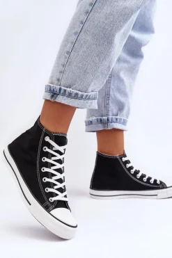 Damskie Trampki Klasyczne Wysokie Czarno-Białe Remos