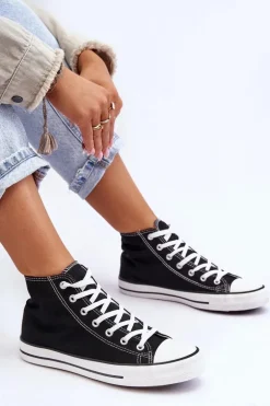 Damskie Trampki Klasyczne Wysokie Czarno-Białe Remos