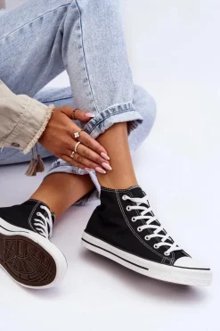 Damskie Trampki Klasyczne Wysokie Czarno-Białe Remos