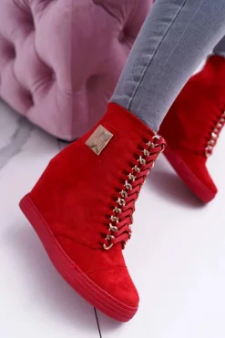 Damskie Trampki Lu Boo Z Łańcuchami Zamszowe Czerwone Monica