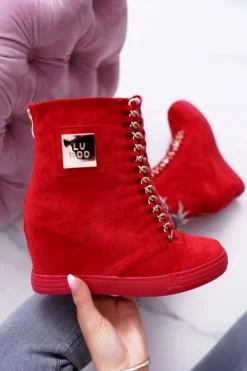 Damskie Trampki Lu Boo Z Łańcuchami Zamszowe Czerwone Monica