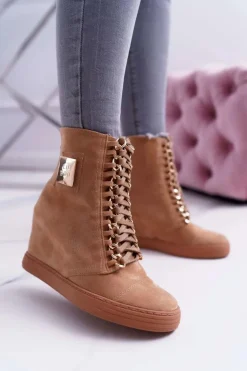 Damskie Trampki Lu Boo Złoty Łańcuch Zamsz Camel Monica