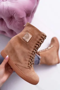 Damskie Trampki Lu Boo Złoty Łańcuch Zamsz Camel Monica