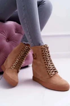 Damskie Trampki Lu Boo Złoty Łańcuch Zamsz Camel Monica