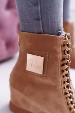 Damskie Trampki Lu Boo Złoty Łańcuch Zamsz Camel Monica