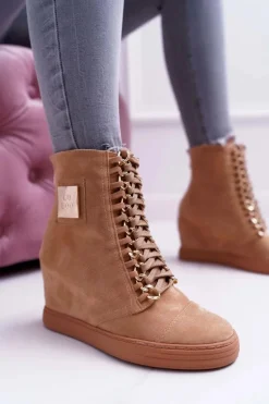 Damskie Trampki Lu Boo Złoty Łańcuch Zamsz Camel Monica