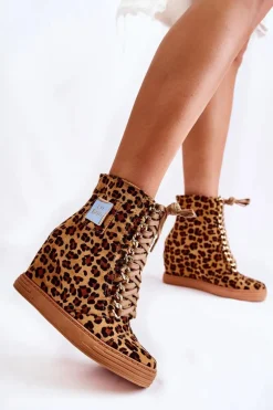 Damskie Trampki Lu Boo Złoty Łańcuch Zamsz Leopard Monica