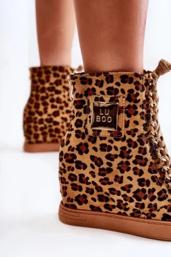 Damskie Trampki Lu Boo Złoty Łańcuch Zamsz Leopard Monica
