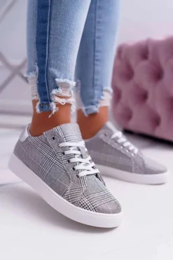 Damskie Trampki W Kratkę Brokat Szare Bellisa