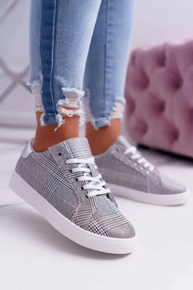 Damskie Trampki W Kratkę Brokat Szare Bellisa