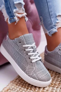 Damskie Trampki W Kratkę Brokat Szare Bellisa