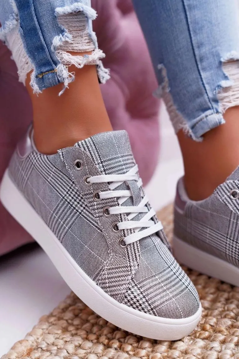 Damskie Trampki W Kratkę Brokat Szare Bellisa