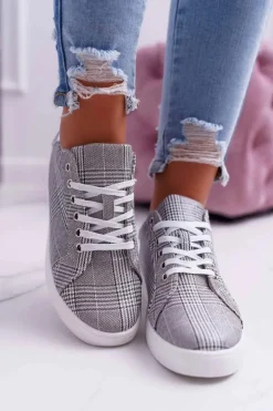 Damskie Trampki W Kratkę Brokat Szare Bellisa